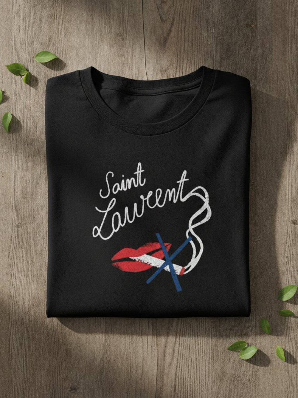Saint Laurent Lips Cigarette Script Fashion Graphic Black T-Shirt